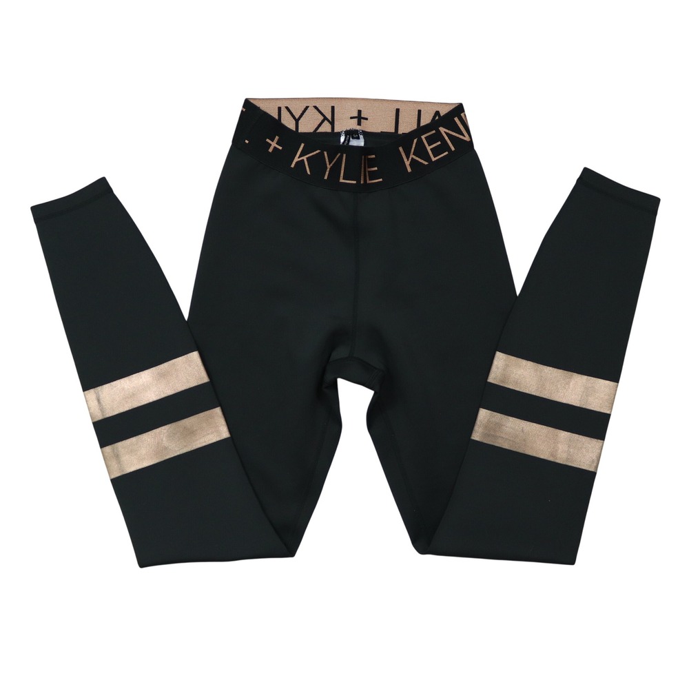Kendall + Kylie Women Black Rose Gold Metallic Stripe Logo Waist Leggings S